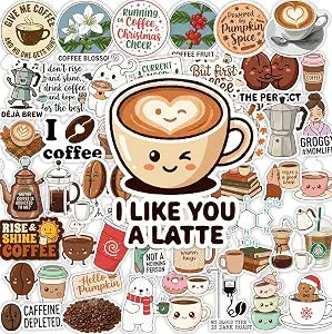 Coffee Stickers Set 46 Pack. Cute Kawaii Funny Coffee Cup Stickers for Water Bottles, Laptops, Tumblers and Planners. Matte Vinyl. Coffee Lover Gifts, Party Favors and Coffee Bar Decor