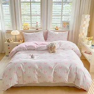 CCoutueChen Bow Comforter Set Pink Striped Reversible Bowknot Bedding Full