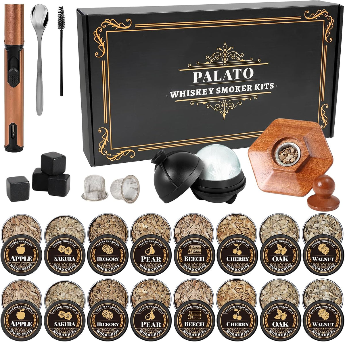 27Pcs Whiskey Smoker Kit with Torch- 16 Wood Chips,Ice Ball Molds, Cocktail Smoker Infuser Kit, Old Fashioned Drink Smoker Kit, Birthday Bourbon Whiskey Gifts for Husband,Men,Dad(No Butane)