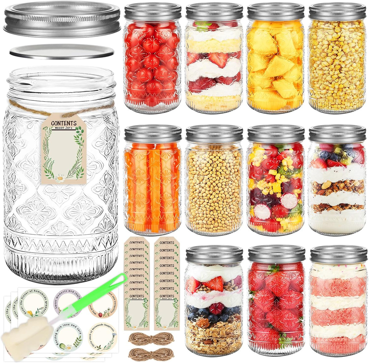 STARSIDE Wide Mouth Mason Jars 32oz, 12-Pack with Airtight Lids and Bands