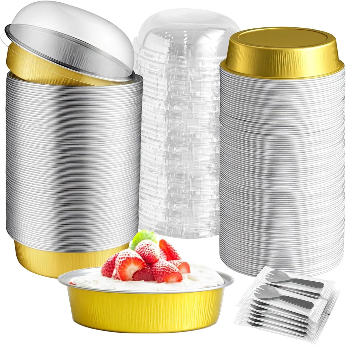 Mini Cake Pans With Lids And Spoons, Baking Tins For Round Small Desserts 7 Oz Aluminum Foil Baking Pans Disposable Ramekins Individual Cake Containers Holders For Tart Quiche Flan (50, Gold)