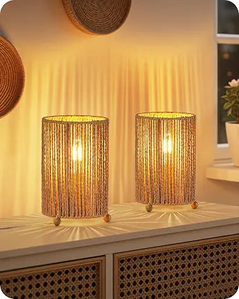 Small Rattan Table Lamps Set of 2, Boho Bedside Lamps Set of 2, Handwoven Paper Lampshade, 4W 2400K LED Bulb Included, Boho Desk Lamp, Nightstand Lamp for Bedroom, Living Room, S11TLP205