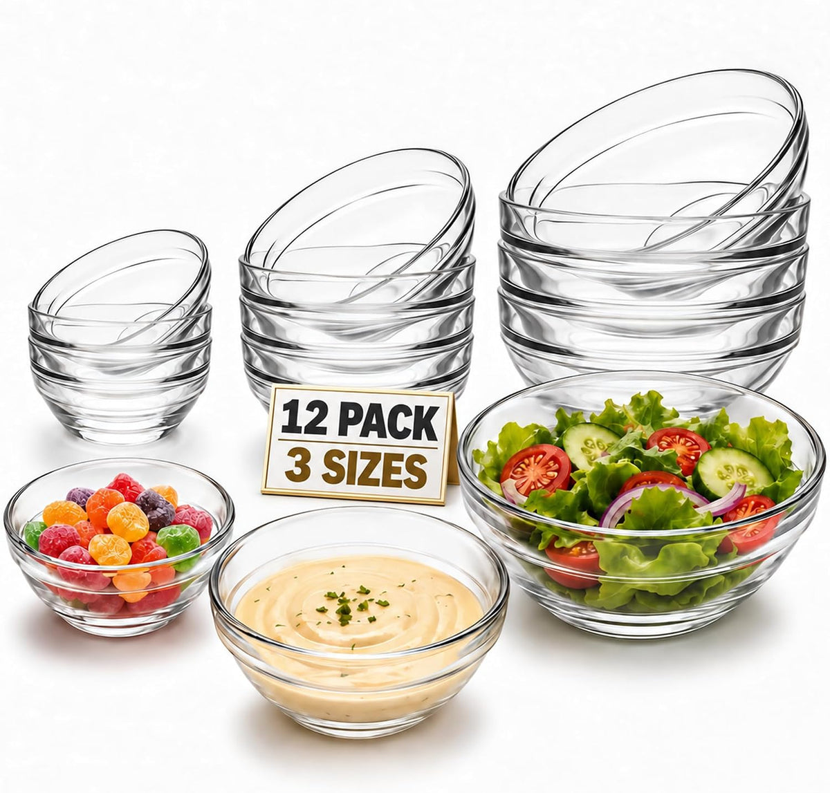 Glass Prep Bowls, 12-Piece Set, 1.5/2.5/4 oz, 3 Sizes