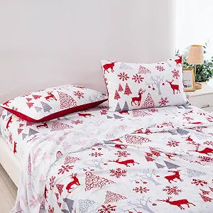 Xruibed Christmas Sheet Set Queen Size, 4 Pcs Xmas Deer Snowflakes Pattern