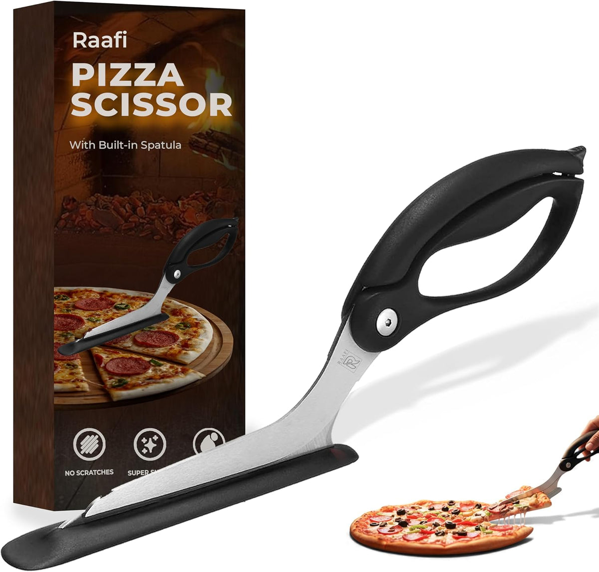 Pizza Scissors with Non-Stick Slice Server - Sharp Stainless Steel Pizza Cutter, Cuts Without Topping Mess or Scratched Pans, Firm Grip,4 in 1 Multi-Use Kitchen Shears