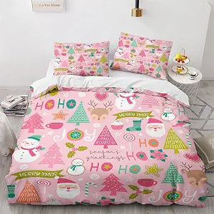 Pink Christmas Duvet Cover Twin Size Set - Kids Girls Christmas Bedding Bedroom Decor, Comforter Cover & 1 Pillowcase 2 Pieces - Cartoon Santa Theme, New Year, Lovely Home Collection Quilt Cover