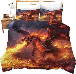 Fire Dragon Comforter Set Red Dragon Print Duvet Cover Cool Dragon Bedding Set Twin Full Queen King Size Quilt Set for Boys Kids Teenagers Adults Men Women with 2 Pillowcases 80"x90"