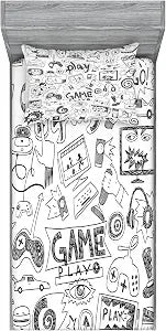 Ambesonne Gamer Themed Home and Dorm Decor Bedding Set with Sheet & Covers Monochrome Sketch Style Gaming Racing Video Games Geek Teen 90's Art Print Decorative Bedroom with Sham, Twin, Charcoal Black