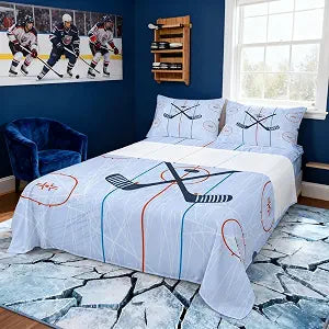 Ice Hockey Kids Sheet Twin Size,Hockey Stadium Rink Bedding Set for Boys Girls Adults,Winter Event Ball Games Lovers Modern Stylish Bed Sheet Set 3pcs(Fitted Sheet + Flat Sheet + 1 Pillowcase)
