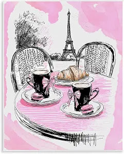Pink Parisian Cafe Breakfast, 11 x 14 Inch Mounted Print on Wall Plaque