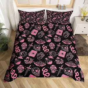 Halloween Skull Bedding Set King Size for Woman Men,Gothic Pink Moth Mushroom Skeleton Comforter Cover with 2 Pillowcases,Hippie Art Girly Stars Galaxy Duvet Cover Set Microfiber Quilt Cover