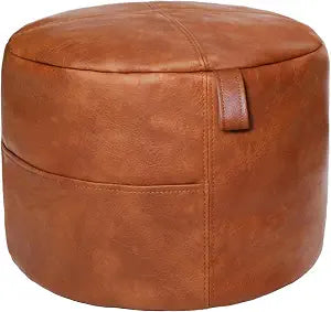 Thgonwid Unstuffed Faux Leather Pouf Cover, Handmade Footstool Ottoman Storage Solution, Floor Footrest Cushion, 16.5Dx12H, (Pocket-Handle) Amaretto