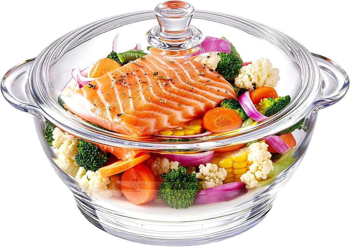 EliteVibe Glass Microwave Steamer, Round 2.6 Qt Vegetable Steamer Bowl