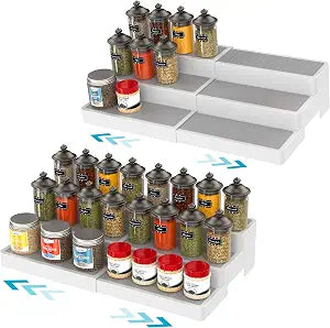 YAN & HIN Expandable Spice Rack Organizer for Cabinet (2 Pack), 3-Tier Tiered Spice Shelf Organizer with Non-Skid Surface, Spice Riser, Adjustable Pantry Organizer for Spices, Cans & Medicine Cabinet