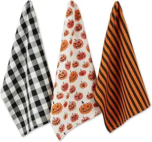 DII Halloween Hand Towels for The Kitchen Decorative Spooky & Fun Cotton Printed Dishtowel Set, 18x28, Black & White Buffalo Check/Orange Stripes, 3 Count