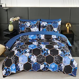 ZRNBAST Full Comforter Set 7 Pieces Blue Floral Bedding Set, Geometric Bed in A Bag with Sheets and Pillowcases, Soft Microfiber Complete Bedding Sets for All Season(Blue Floral,Full)