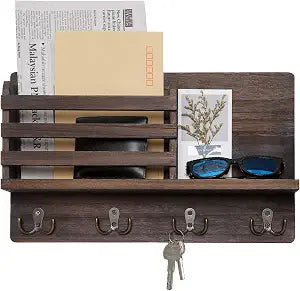 Dahey Key Mail Holder Wall Mounted Wooden Hanger with 4 Double Hooks, Brown