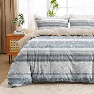 MUXHOMO Duvet Cover King Size, 3 Pieces Striped Duvet Cover Set, Reversible Boho Blue Bedding Set with Dual-Zipper & 8 Corner Ties (104"x90", 2 Pillowcases)