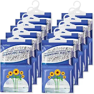 LotFancy Hanging Moisture Absorber Bag, 10 Packs 9.8 Oz Unscented Dehumidifier Bags, Moisture Absorbing Bags for Closet, Bathroom, Basement, Laundry Room, RV