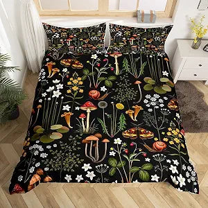 Cute Mushroom Bedding Set Queen Size 3 Pcs,Wild Flowers Jungle Plants Decor Duvet Cover for Kids Teens Adults,Natural Moth Snail Rustic Jungle Style Comforter Cover with 2 Pillowcases,No Comforter