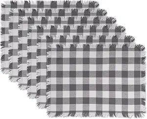 DII Fringed Check Tabletop, Placemat Set, 13x19, Gray, 6 Piece