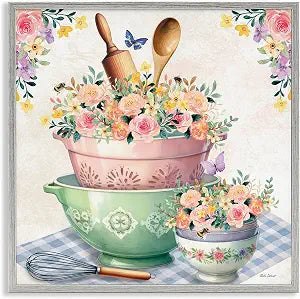Floral Kitchen Bowls Stack, 17 x 17 Inch Framed Gicle Print