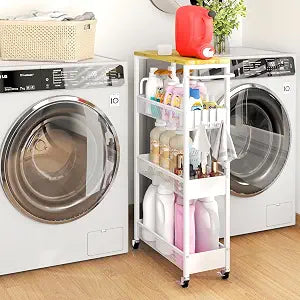 7.1" Wide Slim Storage Cart on Wheels, 4 Tier Metal Narrow Rolling Cart with Handle and Wood Top, Multifunctional Small Mobile Shelf Unit Organizer Trolley for Laundry, Bathroom, Kitchen