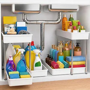 2-Tier Under Sink Organizer with Smooth Rolling Wheels, Pull-Out Bottom Storage Drawer with Easy-Lift Handle, Metal & Plastic Sliding Cabinet Organizer for Kitchen & Bathroom, White, 2 Pack