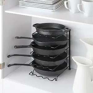 SunnyPoint Heavy Duty Pan Organizer Rack, Pots and Pans Organizer for Kitchen Cabinet & Countertop, Cast Iron Skillet, Pot Lid and Cookware Storage Holder, Vertical or Horizontal, Black