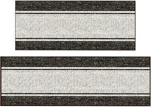 Ottomanson 2-Piece Machine Washable Kitchen Rug Set, Non Slip Kitchen Floor Mats & Runner, Low Profile, for Sink, Stove & Kitchen Island, 22.5" x 48" + 22.5" x 60", Border Brown