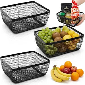 3 Pack Metal Mesh Steel Basket, Rectangular Countertop Fruit Baskets, Vegetable Organizer Container Bin for Kitchen Storage, Wire Garden Harvest Basket, for Snack Bread Pantry, Black