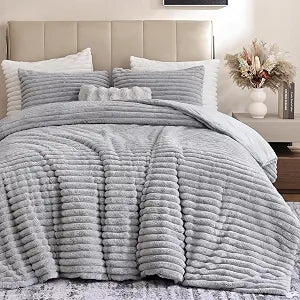 Fluffy King Size Comforter Sets, 3 Pieces Soft Faux Fur Bed Set, Gray