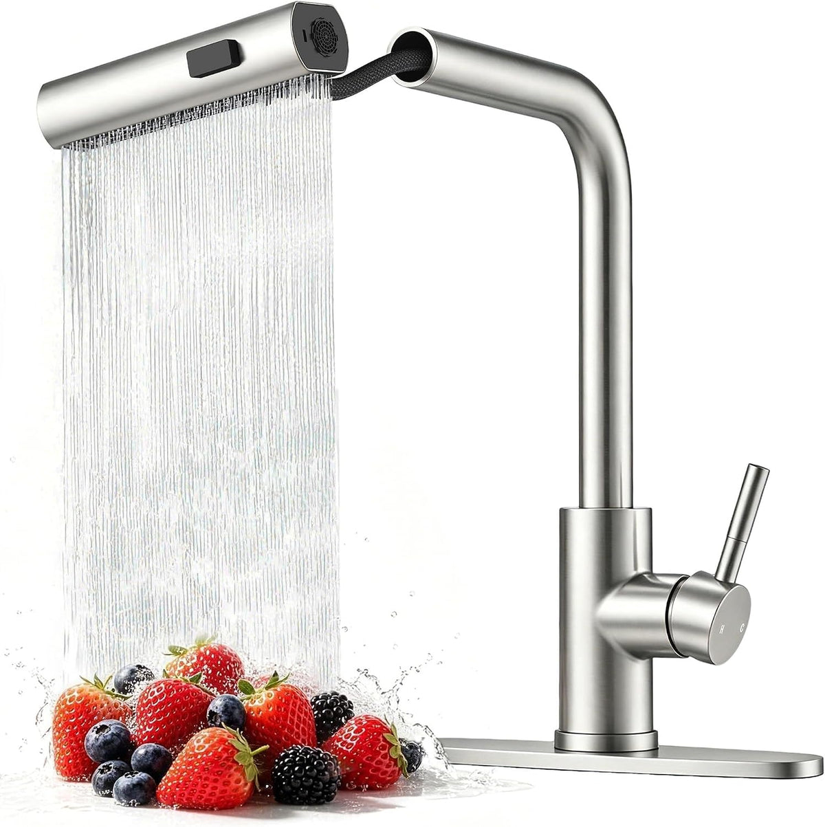 Waterfall Kitchen Sink Faucet with Pull Down Sprayer Brushed Nickel