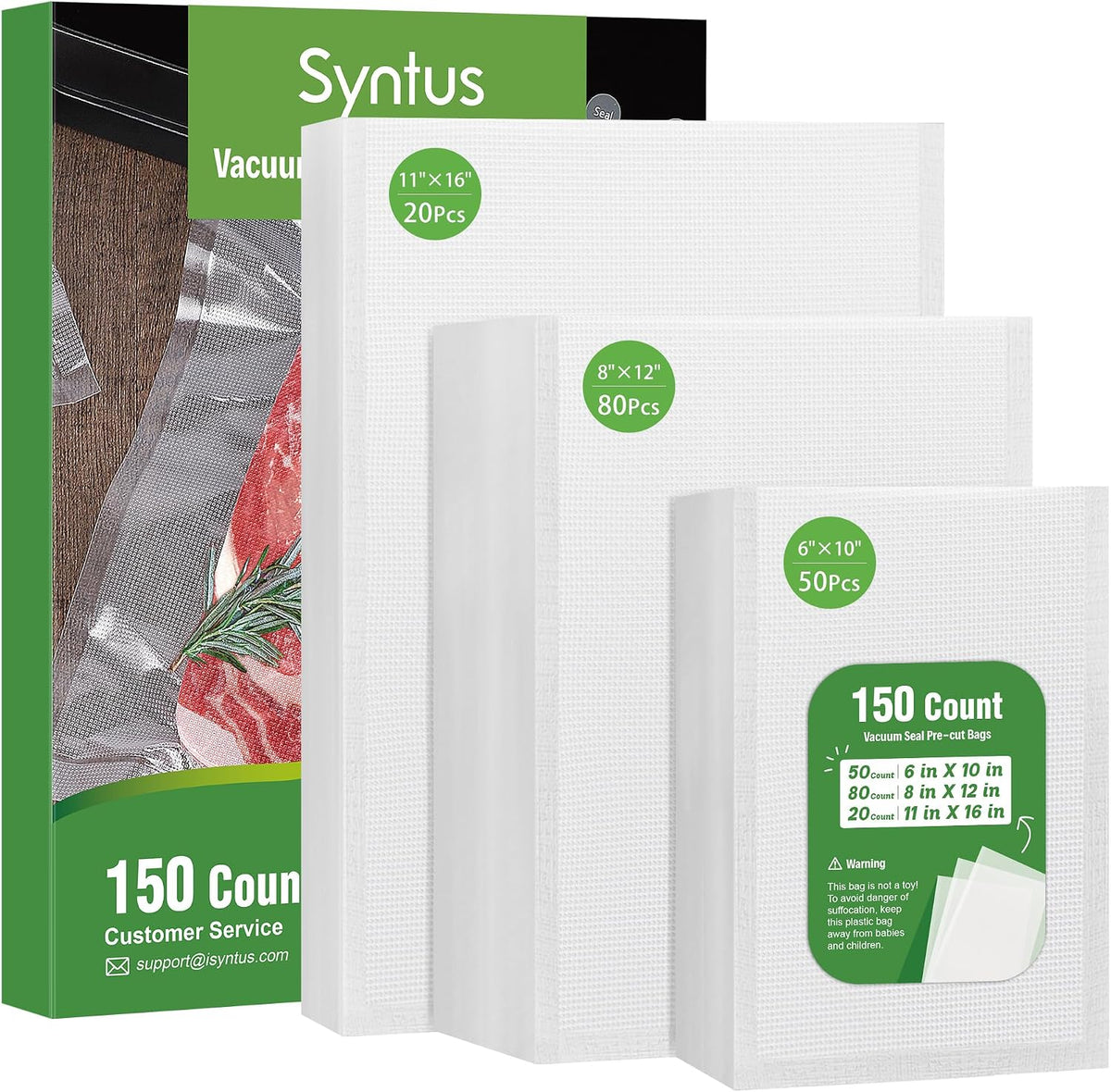 Syntus 150 Pcs Vacuum Sealer Bags for Food, 8x12+11x16+6x10, BPA Free