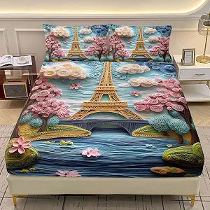 AILONEN Gold Eiffel Tower Fitted Sheet Set Queen Size,Paris Themed Deep Pocket Sheets & 2 Pillowcases,3-Piece Romantic Eiffel Tower Abstract Art Bed Sheet Set for Girls