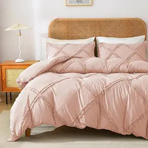 MILDLY Pink Duvet Cover Boho - Tufted Comforter Cover Set Textured Geometric Beddinng Set Twin Size with Corner Ties & Zipper Closure