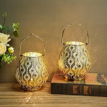 TRIROCKS Set of 2 Moroccan Decorative Lamps 8'' High Cordless Lamp Metal Table Lamps with Fairy Lights Bulb for Home Living Room Garden Yard Party Events Tabletop Indoor Outdoor(Gold)