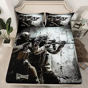 American Soldier Fitted Sheet, Boys Teens Under Mission Sheet Set, Rifle Machine Gun Bedding Set, Army Military Camo Fitted Bed Sheets Twin Camouflage Bedroom Decor for Youth Man No Top Flat Sheet
