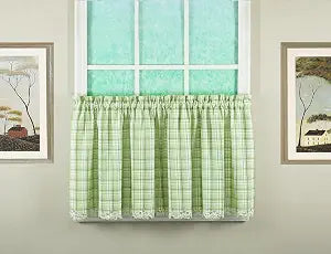 Today's Curtain, Dover Plaid Cutwork Embroidery Tier 24", Green, 60" W x 24" L,