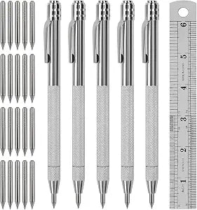 5 Pack Tungsten Carbide Scribe Pen with Magnet & 20 Replacement Tips, Scriber Marking Tool with Knurled Aluminum Handle, Metal Engraving Pen for Wood, Metal, Glass, Plastic