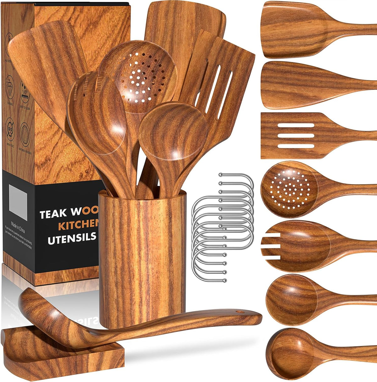Wooden Spoons for Cooking, 10 Pcs Teak Wood Utensil Set for Nonstick