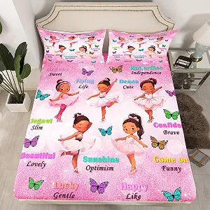 Cute Ballet Girl Fitted Sheet Queen,African Style American Black Girls Bedding Set 3Pcs,Kids Teens Women Inspirational Quotes Bed Sheet Butterfly Pink Glitter Print Deep Pocket Sheet,2 Pillowcases