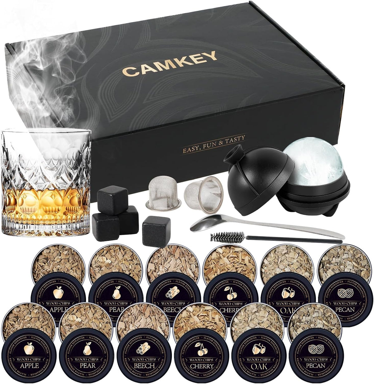 22Pcs Whiskey Smoker Kit with Torch-12 Pack Wood Chips, Ice Ball Mold, Cocktail Smoker Infuser Kit, Old Fashioned Drink Smoker Kit, Christmas Birthday Bourbon Whiskey Gifts for Men, Husband, Dad, Him