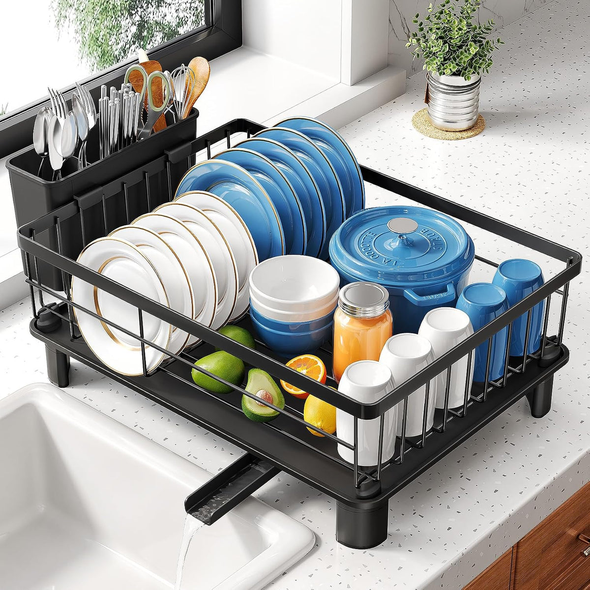 SNTD Dish Drying Rack for Small Kitchen Counter, 12.9" W x 16.9" L, Black