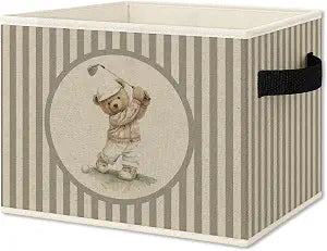 Vintage Golf Bear Storage Bins Box with Handles, Sports Kids Decor for Boys, Neutral Gingham Sports Ball Collapsible Organizer Basket for Nursery Room Bedroom Playroom Books
