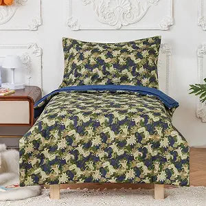 KAREVER Cotton Toddler Bedding Set Blue Dinosaur Print 4 Pieces Crib Bed Set Kids Cotton Royal Blue Green Comforter Set