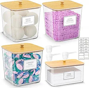 HomePekite Laundry Pods Storage Container, Clear Acrylic Laundry Room Organization and Storage ,Detergent Powder Container,with Wooden Lids & Labels, 3+1 Pack