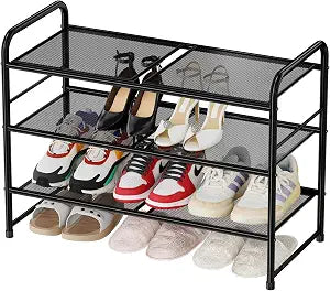 3 Tier Shoe Rack Stackable Heavy Duty Metal Mesh for Closet, Black