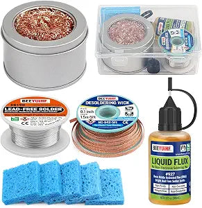 Soldering Tip Cleaning & Soldering Kit  Lead-Free Solder Wire, Liquid Solder Flux, Desoldering Wick, Brass Tip Cleaner with Holder, 5 Cleaning Sponges for Electronics