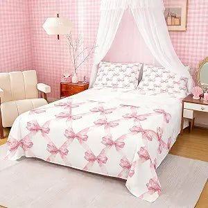 Manfei Kids Bed Sheet Set with Bows,Girls Full Size Pink Bowknot Sheets, Polyester Fitted Sheet and Pillowcase, Breathable and Soft, Easy Fit Deep Pockets,3 Piece Pink Coquette Bedding Full Bed Sheet